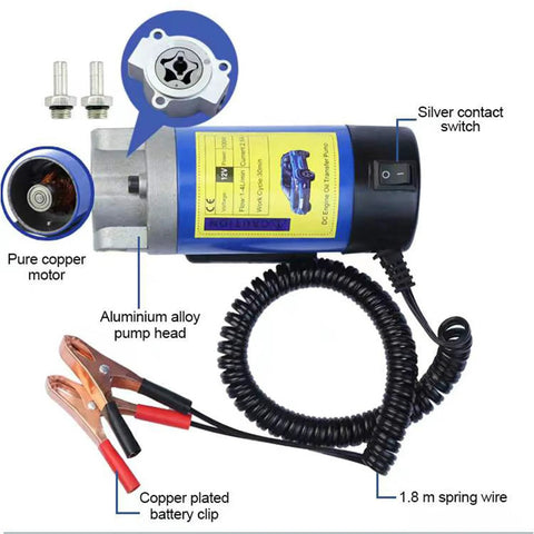 AIGMISON 12V 100W engine oil pump front view; electric oil change extractor with 3 hoses, blue body, copper battery clips