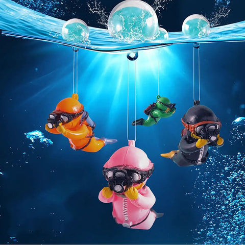 Two Pack Floating Diver Aquarium Decor Set With Adjustable Line, pink and green resin divers with floating balls in tank