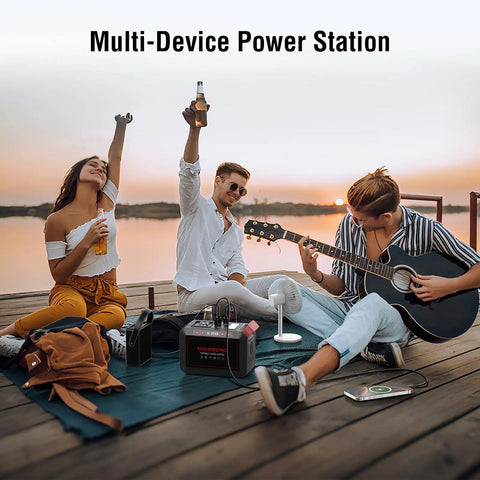 Three people using Portable 237Wh Solar Generator, enjoying music and drinks on a dock, powered by 300W Pure Sine Wave Power Station.