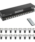 Slick 16 Port KVM Switch Console with HDMI ports, USB connectivity, remote control, and multiple plug and play cables.