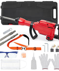 Heavy Duty Concrete Breaker Jack Hammer With 1700W Demo Power And Three Piece Chisel Bit Kit, safety gear and storage case.