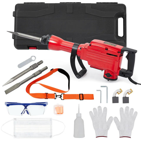Heavy Duty Concrete Breaker Jack Hammer With 1700W Demo Power And Three Piece Chisel Bit Kit, safety gear and storage case.