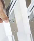 Close-up of adjustment mechanism on Four In One Portable Folding Workbench And Scaffold Platform With Creeper Carrier And Hand Truck Plus Jigsaw Blade Set For DIY Pros And Contractors Working On Home Projects.