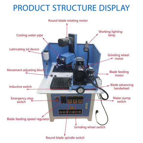 Heavy Duty Automatic Circular Saw Blade Sharpener And Round Grinding Machine, 220V structure with motors and switches displayed