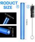 Blue Borosilicate Glass Tubes Set Of 20 For Art DIY Projects, 6 Inch Length, with cleaning brush, size details shown