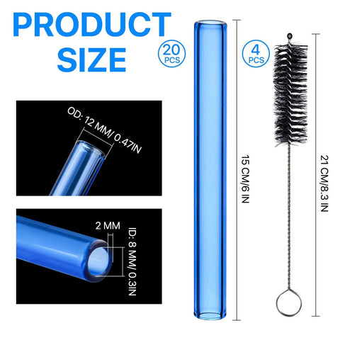 Blue Borosilicate Glass Tubes Set Of 20 For Art DIY Projects, 6 Inch Length, with cleaning brush, size details shown
