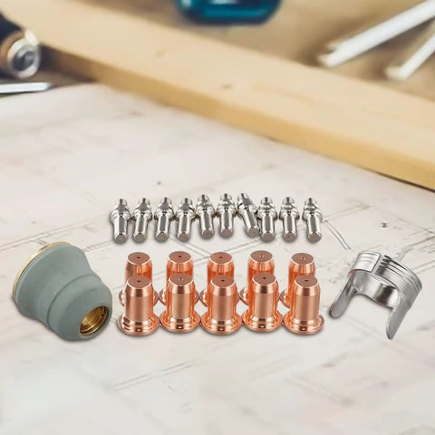 Ultimate 22 Piece Plasma Cutting Consumables Kit For IPT-60 PT-60 And IPT-40 Torch Heads includes electrodes, nozzles, and holder cap.