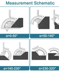 Measurement schematic showing Heavy-Duty Vernier Bevel Protractor Made From Tough Carbon Steel Frame at various angles.