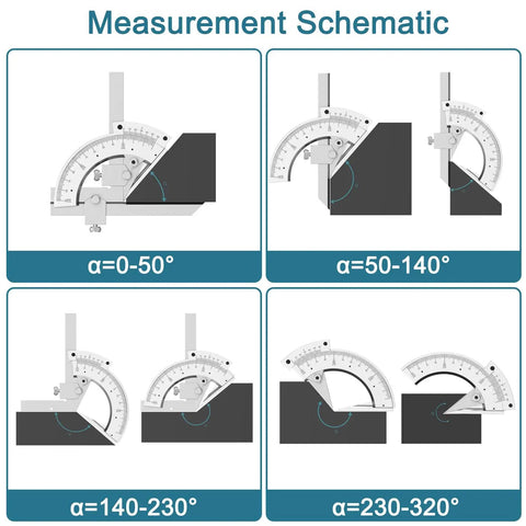 Measurement schematic showing Heavy-Duty Vernier Bevel Protractor Made From Tough Carbon Steel Frame at various angles.