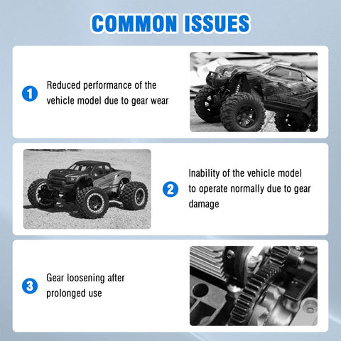 Common issues with Traxxas RC Cars gear performance including wear, damage, and loosening shown with RC car images.
