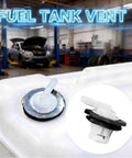 Close-up of Two Pack Beefed Up Fuel Tank Vent Plug And Valve Kit With Grommet in garage setting with vehicle lift.