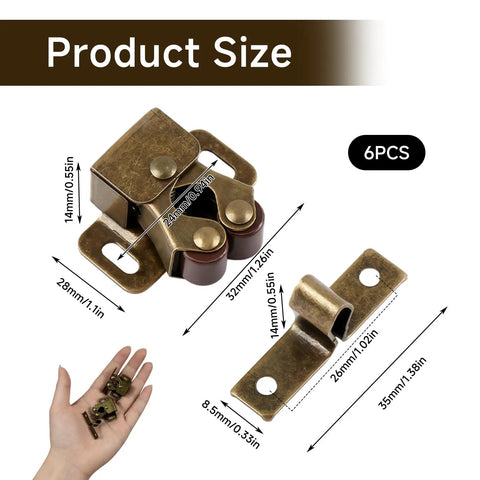 Six Pack Cabinet Door Latches With Screws, Bronze Finish Double Roller Catch Hardware For Cabinets, size dimensions illustration