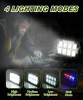 Go-To Solar Rechargeable Work Light With Stand, 120W Flood Light used for car repair, showing four lighting modes.