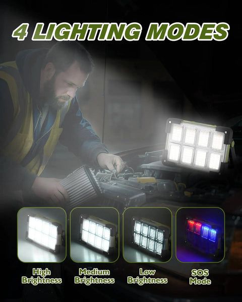 Go-To Solar Rechargeable Work Light With Stand, 120W Flood Light used for car repair, showing four lighting modes.