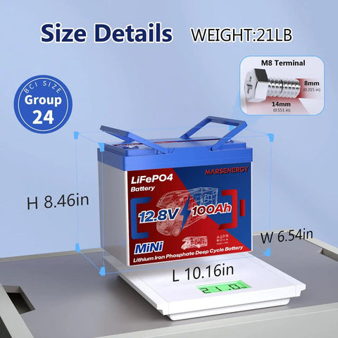 12V 100Ah LiFePO4 Battery With Built In 100A Smart BMS for RV Trolling Motor Marine Boat Solar Panel; size details and weight 21lb