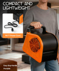 Man holding Heavy Duty Air Mover Blower Fan For Fast Cooling And Drying High Velocity Floor Fan with power cord visible