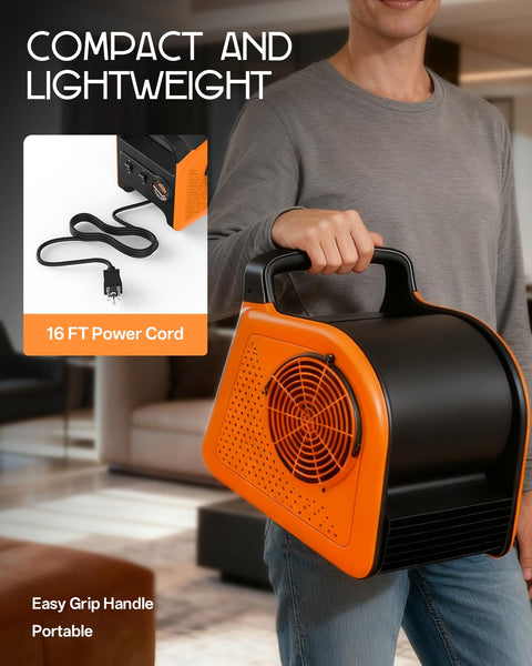 Man holding Heavy Duty Air Mover Blower Fan For Fast Cooling And Drying High Velocity Floor Fan with power cord visible