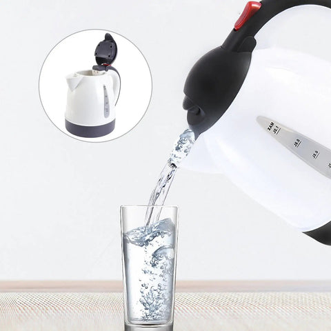 Road Trip Ready 12V Electric Hot Water Kettle pouring water into glass, showcasing stainless steel interior and auto shutoff.