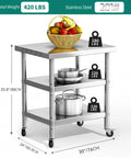 Heavy Duty Stainless Steel Work Table On Wheels With Three Shelves 30 By 24 Inch Industrial Grade Mobile Prep Station For Kitchen Garage Workshop NSF Certified Easy To Clean And Versatile Shop Ready, three-shelf cart with 30x24 inch top