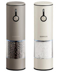 Rechargeable Electric Salt And Pepper Grinder Set With USB Charging For One Hand Use, shown in greige and buttercream