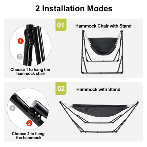 Two In One Hammock And Swing Chair For Teens With Adjustable Folding Stand And Collapsible Steel Frame; installation modes image
