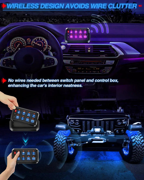 8 Gang RGB Wireless Switch Panel With Auto Dimming And Memory On Off Push Button Car LED Touch Switch Box shown in car dashboard setup