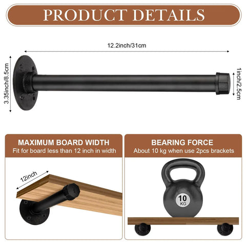 Dope Industrial Pipe Shelf Brackets Set Of 12, Black Iron 12 inch wall mount size and weight capacity details