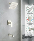 Tub and Shower Faucet Set with Pressure Balance Valve, 8 Inch Rain Shower Head, Tub Spout, Single Handle Trim Kit, Gold Finish