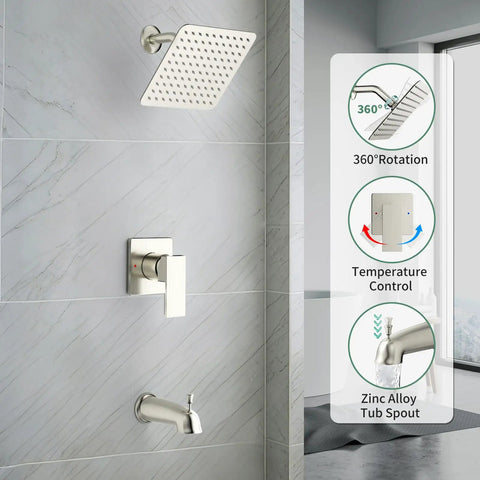 Tub and Shower Faucet Set with Pressure Balance Valve, 8 Inch Rain Shower Head, Tub Spout, Single Handle Trim Kit, Gold Finish