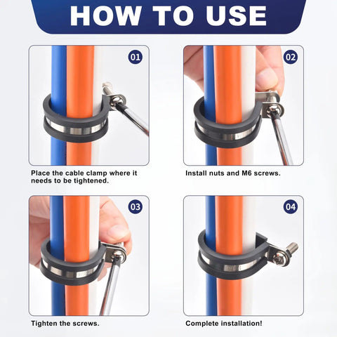 Instructions for using 52 Pcs Cable Clamps Assortment Kit In Six Sizes From One Quarter Inch To Three Quarter Inch Stainless Steel With Rubber Coated Cushions Durable Insulated Pipe And Wire Holders For Automotive Fuel Lines Hoses And Tubes with visual steps of installation on pipes.
