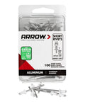 Short Aluminum Pop Rivets 1/8 Inch Diameter 100 Pack for Sheet Metal with white plastic heads, in packaging showing specifications.