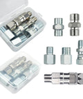 Six Piece Pro Grade Sprayer Joint Set For Airless Paint Sprayers With Spray Gun Swivel Joint And Paint Hose Connectors That Include Quarter Inch And Three Eighth Inch Fittings In Multiple Sizes For Fast Flexible Attachments, stainless steel kit in case