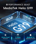 MediaTek Helio G99 chip showcasing 8GB RAM and 128GB storage specs for the Hardened 10.1 Inch Rugged Tablet With Android 14 And 4G LTE Built Tough To Crush Any Job Site Grind IP65 Rated And MIL STD 810H Certified 8GB RAM 128GB Memory 10000mAh Battery For No Sweat Outdoor Work Days.