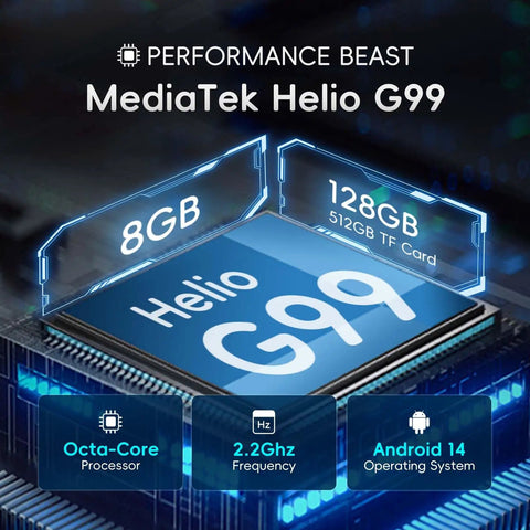 MediaTek Helio G99 chip showcasing 8GB RAM and 128GB storage specs for the Hardened 10.1 Inch Rugged Tablet With Android 14 And 4G LTE Built Tough To Crush Any Job Site Grind IP65 Rated And MIL STD 810H Certified 8GB RAM 128GB Memory 10000mAh Battery For No Sweat Outdoor Work Days.