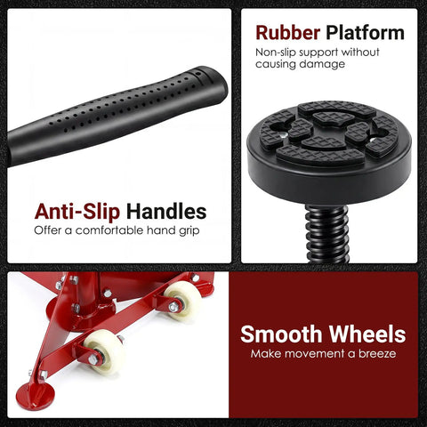 Heavy Duty Underhoist Support Stand With Dual Height Adjustments For Car Lifts And Garage Jobs Up To Three Quarter Ton Capacity showing rubber platform, anti-slip handles, and smooth wheels.