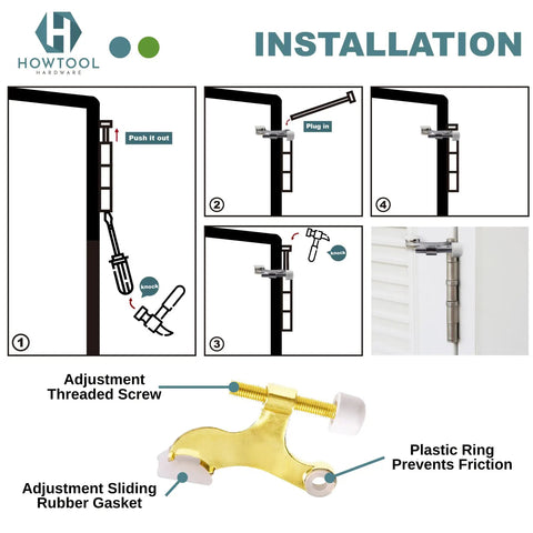 Installation guide for Solid Five Pack Of Heavy Duty Hinge Pin Door Stoppers In Premium Satin Brass Matte Gold Finish.