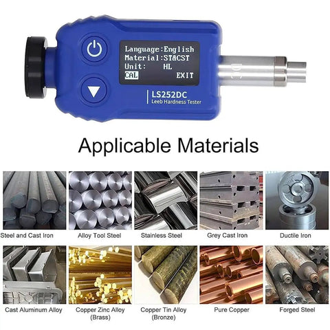 7 in 1 Hardness Tester Kit for Metals with Rockwell Scales HL HV HB HRC HRB HRA HS, Pro Grade Carbide Impact Probe, 9 Set Data Storage, Durable Durometer Meter for Manufacturing and Metal Processing, Model LS252C on white background, applied to steel and iron