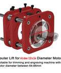 Rock Solid Manual Router Lift Table With 51mm Stroke And Hella Universal Fit For 64 To 66mm Motors showing red aluminum parts for precision trimming.