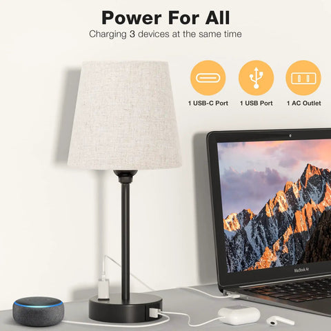 Set Of 2 Dimmable Touch Bedside Lamps With USB C And AC Outlet Charging Station, laptop and smart speaker on desk