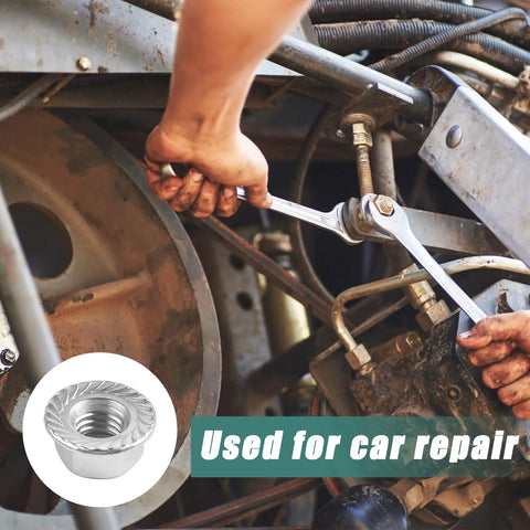 50 Pack M10 X 1.5mm 304 Stainless Steel Serrated Flange Hex Nuts Metric Lock Hardware in use during car repair.