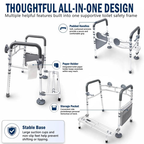 Premium Heavy Duty Toilet Safety Rails for Seniors 500 Lbs Weight Capacity adjustable frame with padded handles and paper holder.