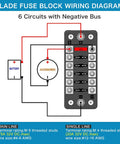 Blade fuse block wiring diagram for Rock Solid Six Way Fuse Block With Ground Rail Blade Fuse Panel for 12V and 24V rides.
