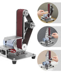 Heavy Duty 110 V Mini Bench Belt Sander Grinder for Polishing Sharpening Edge Trimming, showing stainless steel build and adjustable features.
