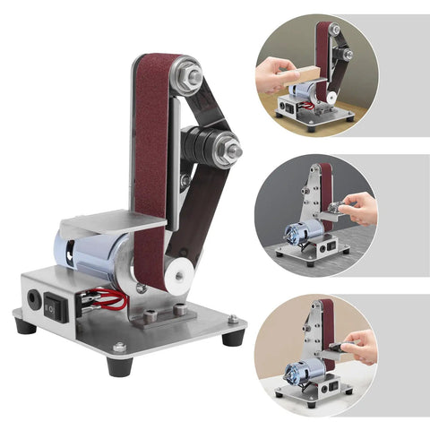 Heavy Duty 110 V Mini Bench Belt Sander Grinder for Polishing Sharpening Edge Trimming, showing stainless steel build and adjustable features.
