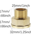 Beefy Lengthened Brass Extension Fittings 1 Inch By 1.25 Inch Adapter, showing dimensions and thickened female pipe fitting design.
