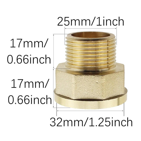 Beefy Lengthened Brass Extension Fittings 1 Inch By 1.25 Inch Adapter, showing dimensions and thickened female pipe fitting design.