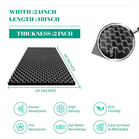 High Density Egg Crate Acoustic Foam Panels For Walls 48 By 24 By 2 Inches Pro Grade Soundproofing with size details and benefits