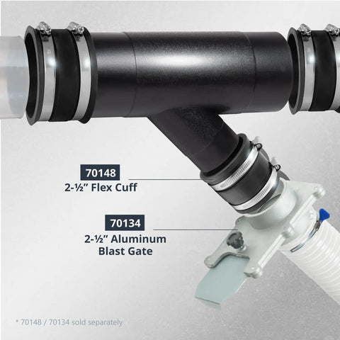 Four Inch To Two And A Half Inch Dust Collection Hose Y Fitting Connector For Splitting Two Four Inch Hoses Into One Two And A Half Inch Hose Easy Clamp On Inside Hose Fit No Fuss Shop Dust Collection Accessory in workshop setup