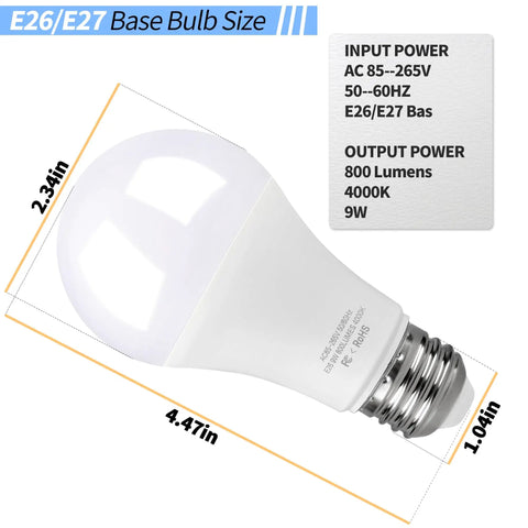 Bright 4000K White LED Garage Door Opener Bulbs Two Pack, E26 Base, 9W Each, shown with size and power specifications.