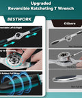 Upgraded reversible ratcheting T-wrench with retractable ends, easy assembly, and soft rubber full wrap handle.